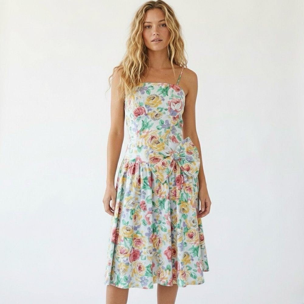 Vtg Milanzo 80s 90s Pastel Floral Drop Waist Midi Dress 9 Medium Cottagecore